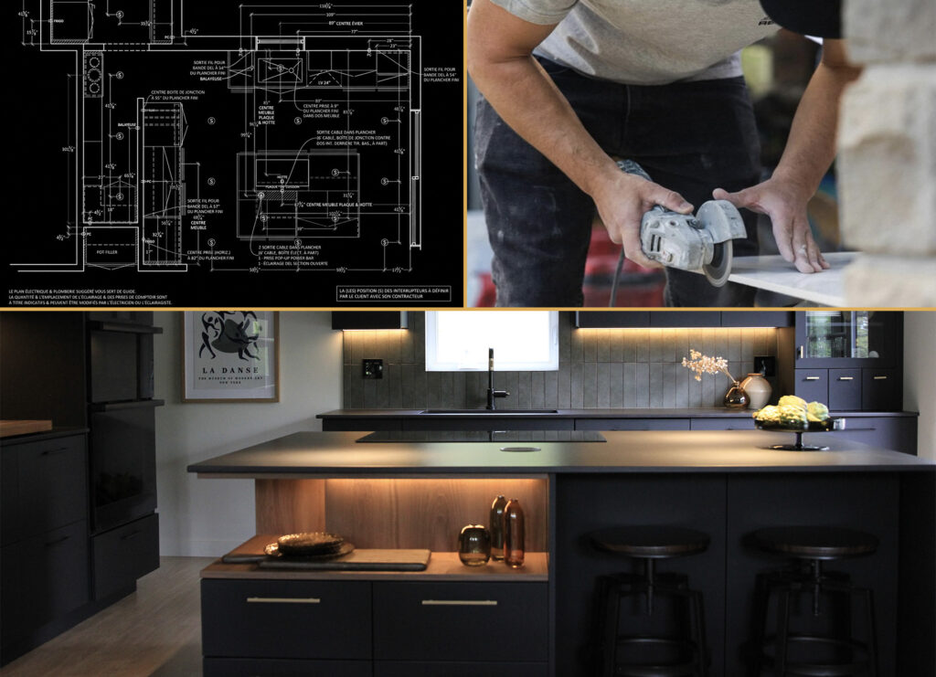 Custom clé-en-main kitchen cabinets before and after renovation in Laval featuring a modern custom kitchen design with sleek cabinetry, upgraded layout, and premium finishes.