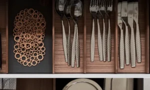 Insert en bois de noyer pour tiroir de cuisine avec compartiments ustensiles